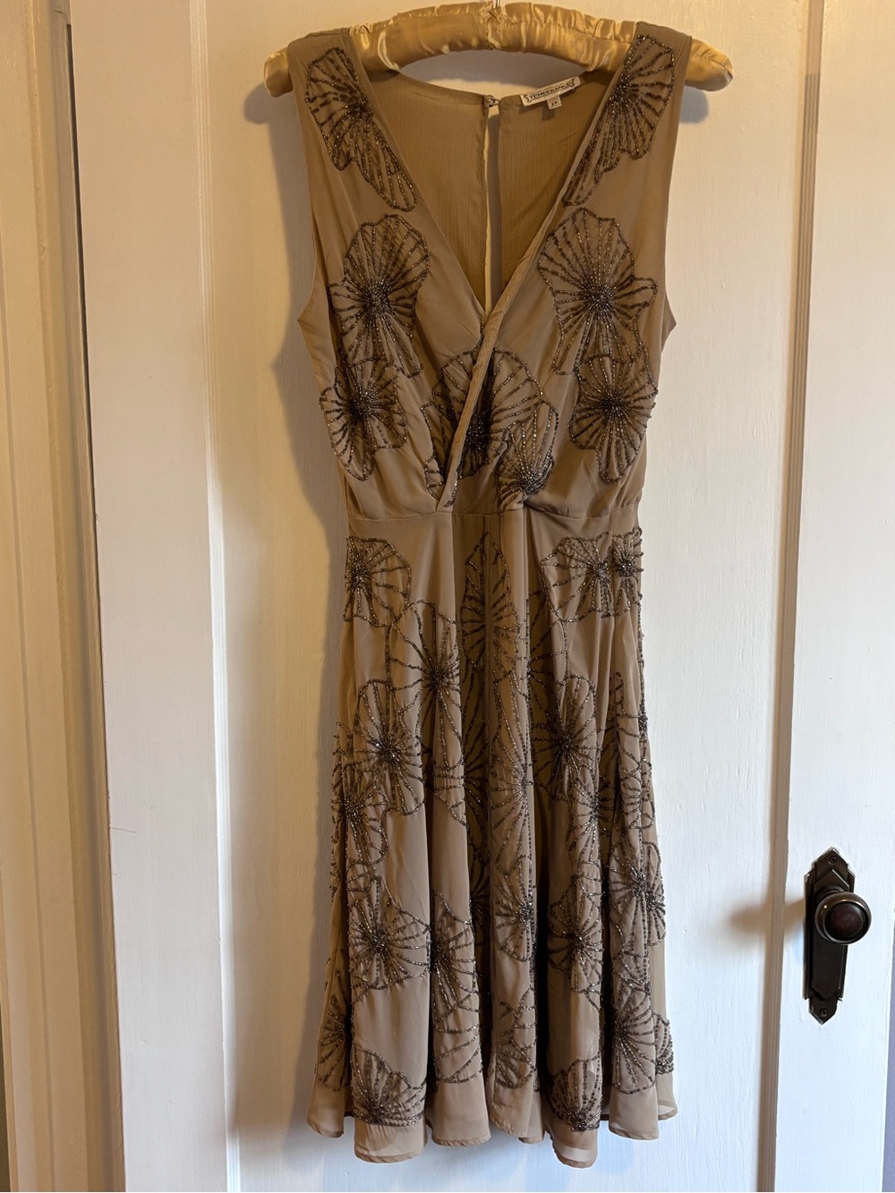 Temperance Taupe Beaded V-Neck Sleeveless Midi Dress
